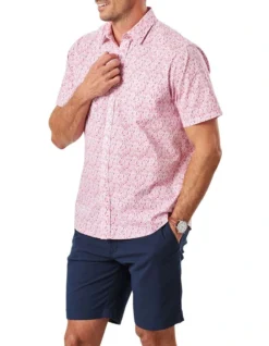 Casual Leaf Print Short Sleeve Shirt In Washed Red -Urban Edge Clothing Sales 930702250 5 720x928