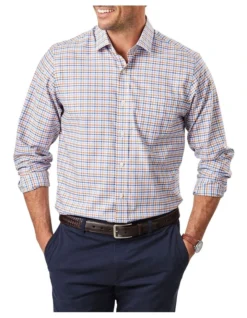 Easy Care Twill Multi Check Long Sleeve Shirt In Blue