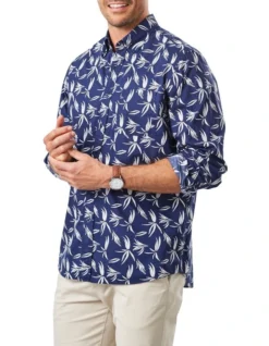 Casual Leaf Print Long Sleeve Shirt In Dark Navy -Urban Edge Clothing Sales 930759490 4 720x928