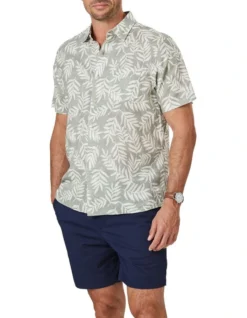 Linen Blend Leaf Print Short Sleeve Shirt In Sage