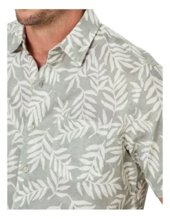 Linen Blend Leaf Print Short Sleeve Shirt In Sage -Urban Edge Clothing Sales 930760840 3 720x928
