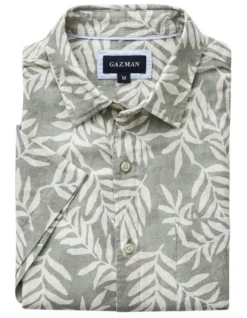 Linen Blend Leaf Print Short Sleeve Shirt In Sage -Urban Edge Clothing Sales 930760840 4 720x928