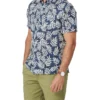 Linen Blend Leaf Print Short Sleeve Shirt In Navy