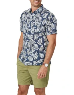 Linen Blend Leaf Print Short Sleeve Shirt In Navy