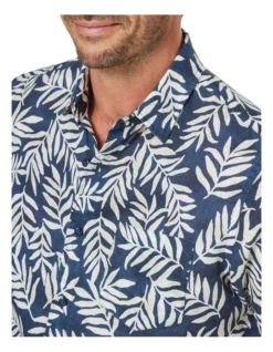 Linen Blend Leaf Print Short Sleeve Shirt In Navy -Urban Edge Clothing Sales 930760930 3 720x928