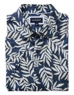 Linen Blend Leaf Print Short Sleeve Shirt In Navy -Urban Edge Clothing Sales 930760930 4 720x928