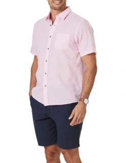 Linen Blend Short Sleeve Shirt In Light Pink