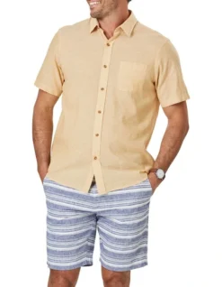 Linen Blend Short Sleeve Shirt In Amber Yellow