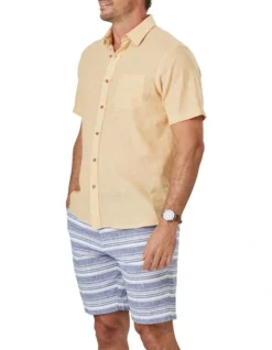 Linen Blend Short Sleeve Shirt In Amber Yellow -Urban Edge Clothing Sales 930761470 3 720x928