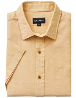 Linen Blend Short Sleeve Shirt In Amber Yellow -Urban Edge Clothing Sales 930761470 4 720x928