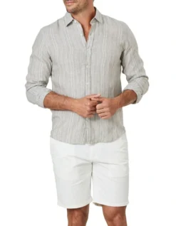 Tailored French Linen Stripe Long Sleeve Shirt In Sage