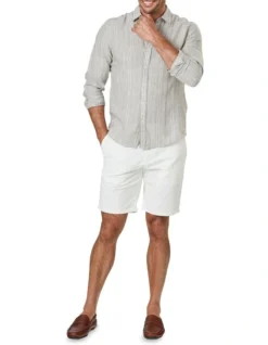 Tailored French Linen Stripe Long Sleeve Shirt In Sage -Urban Edge Clothing Sales 930761560 3 720x928