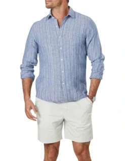 Tailored French Linen Stripe Long Sleeve Shirt In Blue