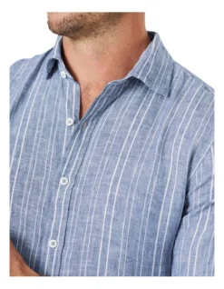 Tailored French Linen Stripe Long Sleeve Shirt In Blue -Urban Edge Clothing Sales 930761650 3 720x928