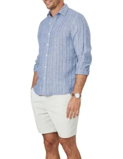 Tailored French Linen Stripe Long Sleeve Shirt In Blue -Urban Edge Clothing Sales 930761650 4 720x928