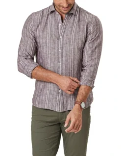 Tailored French Linen Stripe Long Sleeve Shirt In Dark Red