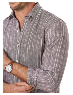 Tailored French Linen Stripe Long Sleeve Shirt In Dark Red -Urban Edge Clothing Sales 930761740 3 720x928