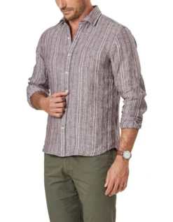 Tailored French Linen Stripe Long Sleeve Shirt In Dark Red -Urban Edge Clothing Sales 930761740 4 720x928