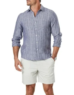 Tailored French Linen Stripe Long Sleeve Shirt In French Navy