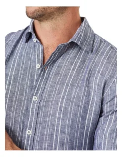 Tailored French Linen Stripe Long Sleeve Shirt In French Navy -Urban Edge Clothing Sales 930761830 3 720x928