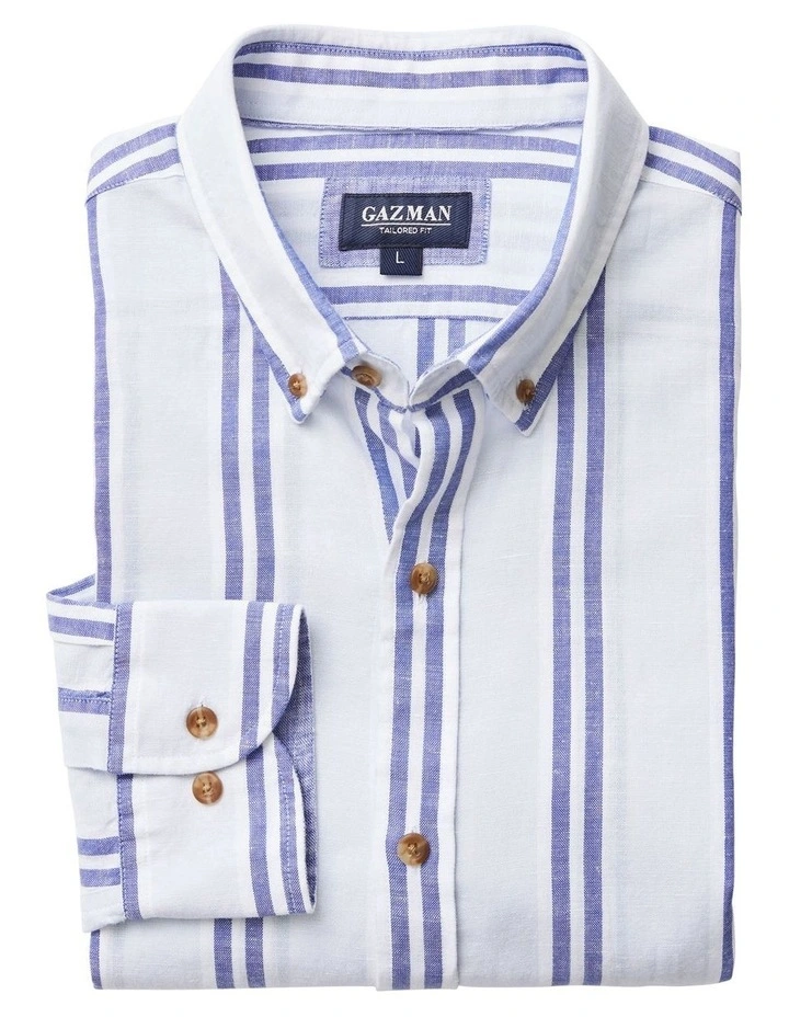 Tailored Linen Blend Stripe Long Sleeve Shirt In Pale Blue 6 Tailored Linen Blend Stripe Long Sleeve Shirt In Pale Blue - Image 6