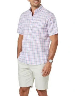 Easy Care Slub Check Short Sleeve Shirt In Pink/Blue
