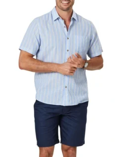Linen Blend Stripe Short Sleeve Shirt In Blue