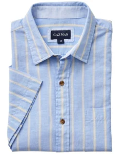 Linen Blend Stripe Short Sleeve Shirt In Blue -Urban Edge Clothing Sales 930764260 4 720x928