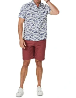 Linen Blend Palm Print Short Sleeve Shirt In White -Urban Edge Clothing Sales 930764530 3 720x928