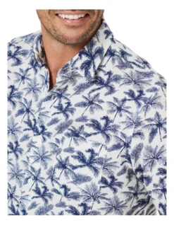 Linen Blend Palm Print Short Sleeve Shirt In White -Urban Edge Clothing Sales 930764530 4 720x928