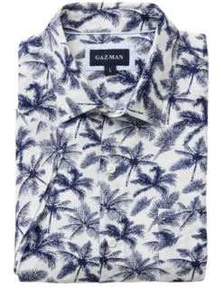 Linen Blend Palm Print Short Sleeve Shirt In White -Urban Edge Clothing Sales 930764530 5 720x928