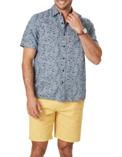 Linen Blend Fish Print Short Sleeve Shirt In Chambray