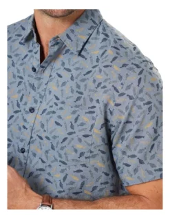 Linen Blend Fish Print Short Sleeve Shirt In Chambray -Urban Edge Clothing Sales 930764620 3 720x928