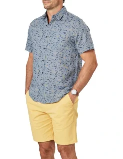 Linen Blend Fish Print Short Sleeve Shirt In Chambray -Urban Edge Clothing Sales 930764620 4 720x928