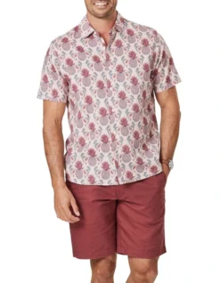 Linen Blend Short Sleeve Shirt In Red