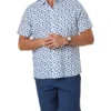 Linen Blend Turtle Print Short Sleeve Shirt In White/Blue