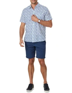 Linen Blend Turtle Print Short Sleeve Shirt In White/Blue -Urban Edge Clothing Sales 930764980 3 720x928