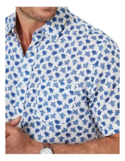 Linen Blend Turtle Print Short Sleeve Shirt In White/Blue -Urban Edge Clothing Sales 930764980 4 720x928