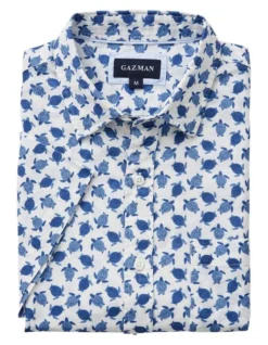 Linen Blend Turtle Print Short Sleeve Shirt In White/Blue -Urban Edge Clothing Sales 930764980 5 720x928