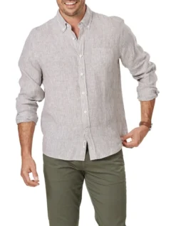 Pure French Linen Fine Stripe Long Sleeve Shirt In Brown