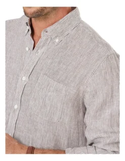 Pure French Linen Fine Stripe Long Sleeve Shirt In Brown -Urban Edge Clothing Sales 930765430 3 720x928
