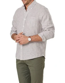 Pure French Linen Fine Stripe Long Sleeve Shirt In Brown -Urban Edge Clothing Sales 930765430 4 720x928