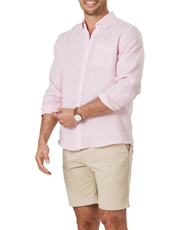 Pure French Linen Fine Stripe Long Sleeve Shirt In Pink 1 Pure French Linen Fine Stripe Long Sleeve Shirt In Pink