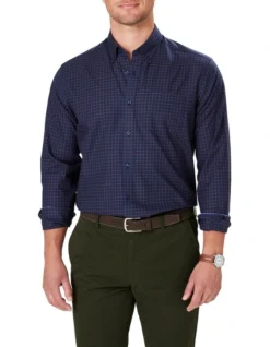Easy Care Twill Check Shirt In Navy Melange