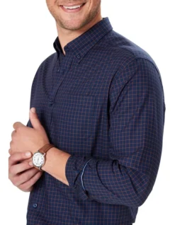 Easy Care Twill Check Shirt In Navy Melange -Urban Edge Clothing Sales 978390460 3 720x928