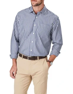 Easy Care Stripe Long Sleeve Shirt In Navy