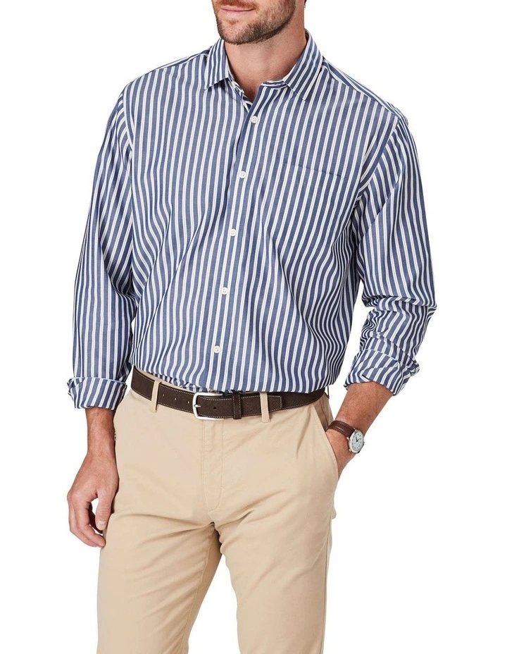 Easy Care Stripe Long Sleeve Shirt In Navy 1 Easy Care Stripe Long Sleeve Shirt In Navy